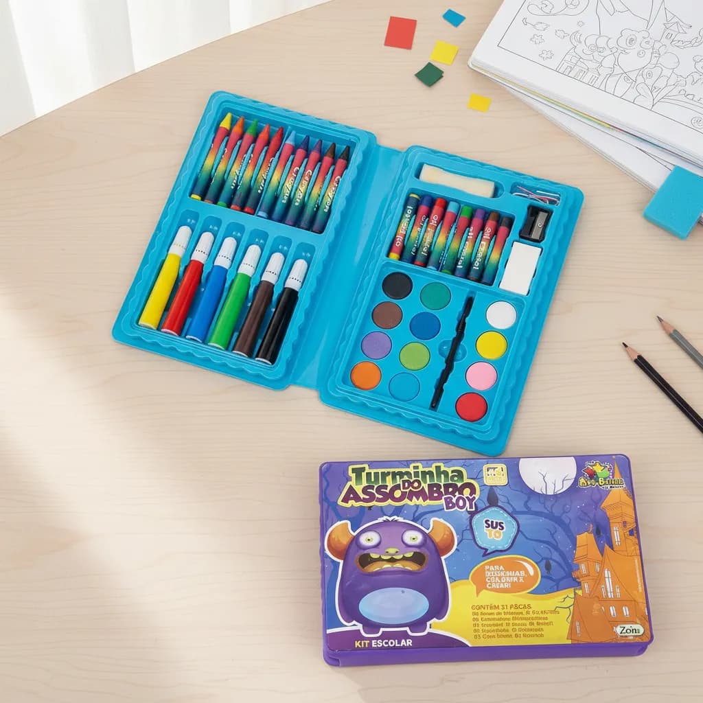 Kit 31 Peças Estojo Pintura Infantil Pincel Giz Aquarela Apontador Lápis Estojo Desenho Criança