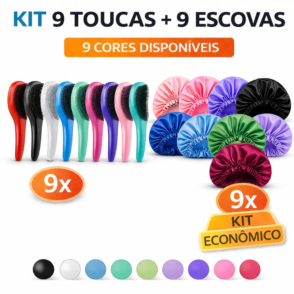 Kit 9 Toucas de Cetim + 9 Escovas Desembaraçadoras | Antifrizz