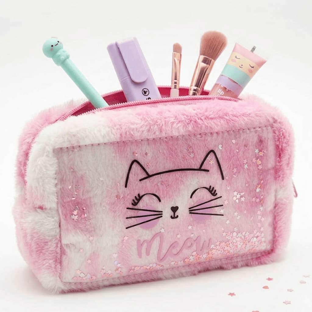Estojo Nécessaire Gatinho Meow Porta Maquiagem Estojo Rosa Veludo
