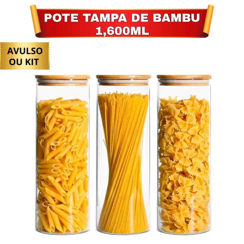 Pote de Vidro Avulso ou kit Liso 1,6 litros  Tampa Hermética de Bambu Envernizada Borda de Silicone