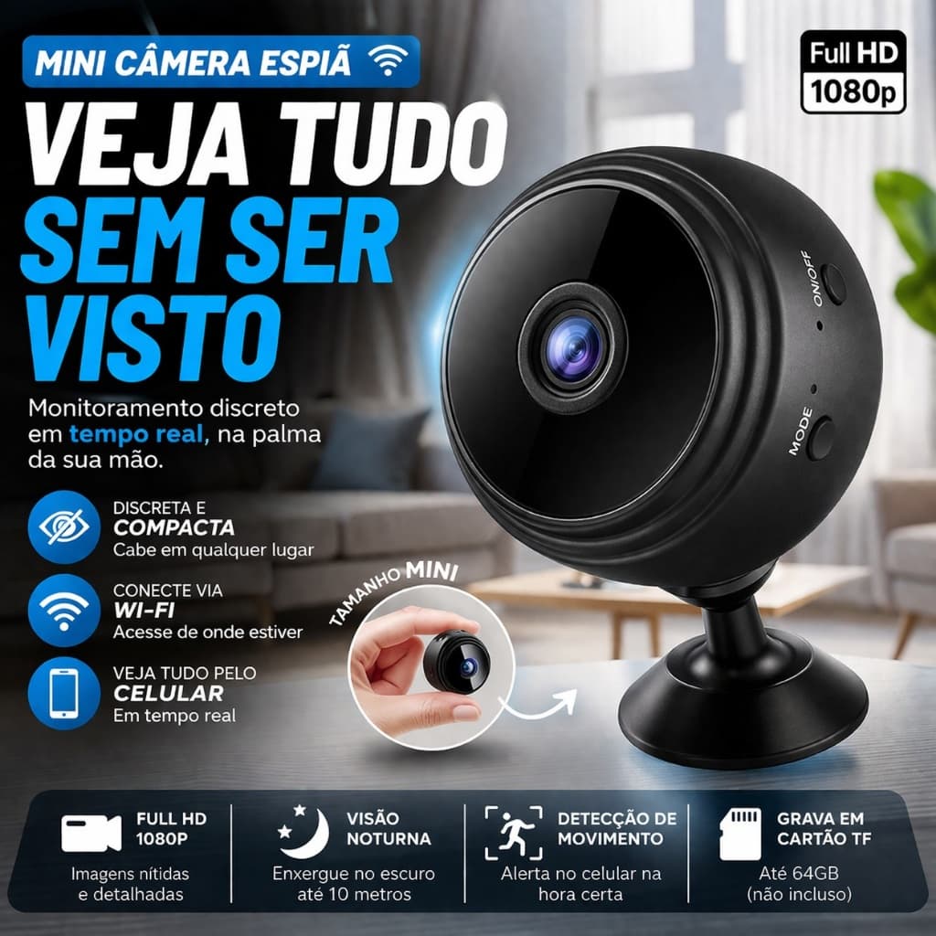 Mini Câmera WiFi Espiã Full HD 1080p com Áudio Visão Noturna e Detecção Movimento A9