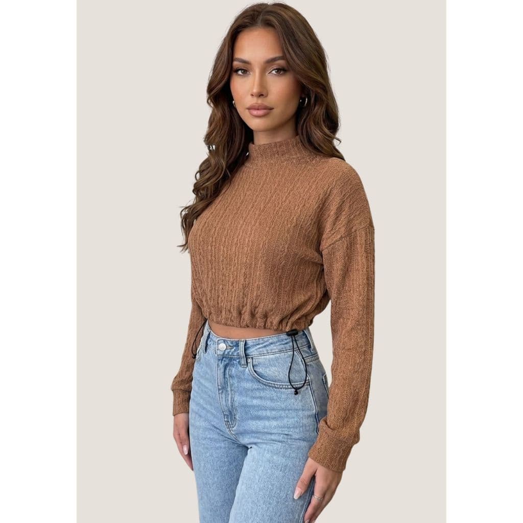 Suéter Blusa Feminino Tricô Modal Gola Alta Manga Longa Elástico Na Cintura