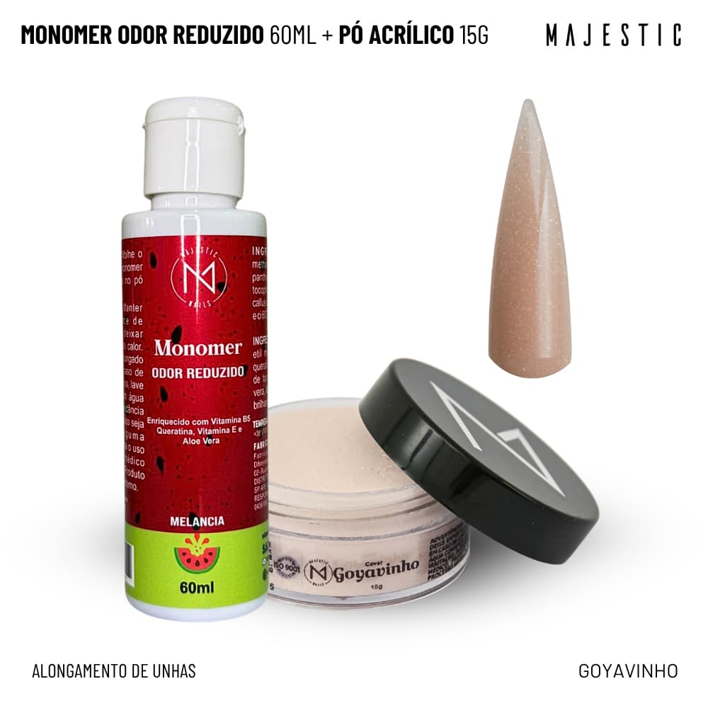 Kit Iniciante: 1 Monomer Melancia 60ml + Pó Acrílico GOYAVINHO 15g (Brilho, Construção, Alongamento)