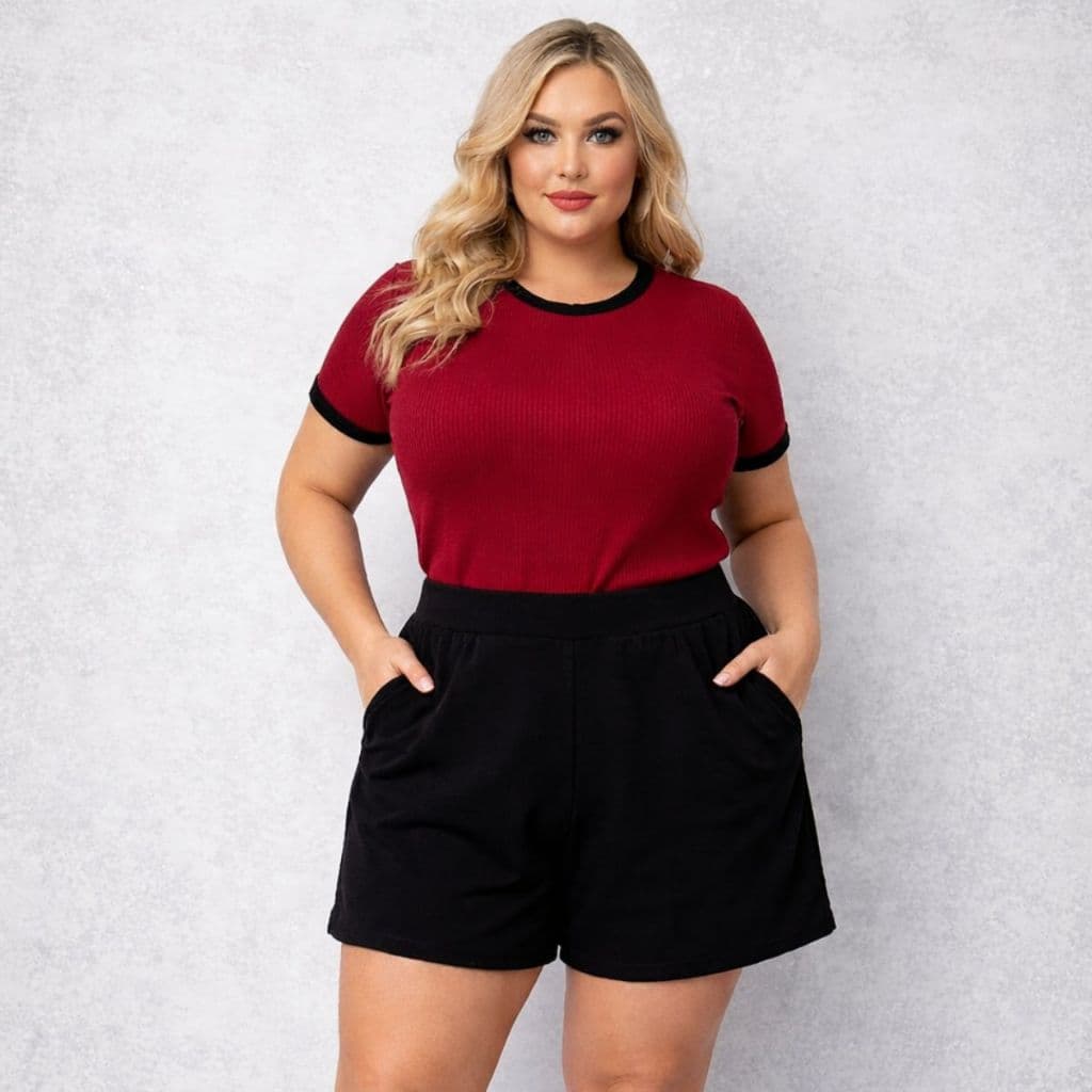 Conjunto Plus Size Feminino de Blusa e Short no Crepe de Malha. Conjunto Bermuda e Blusa Plus Size.