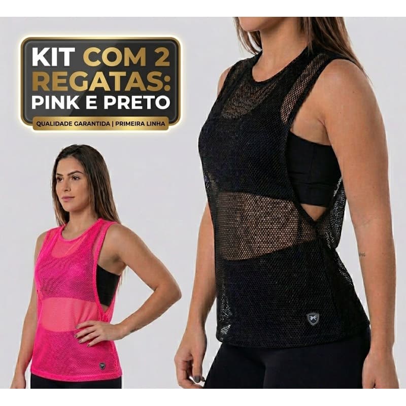 KIT COM 2 PRETO PINK CAMISETA REGATA FEMININA TELA TULE TRANSPARENTE SOBREPOSIÇÃO ACADEMIA FITNESS