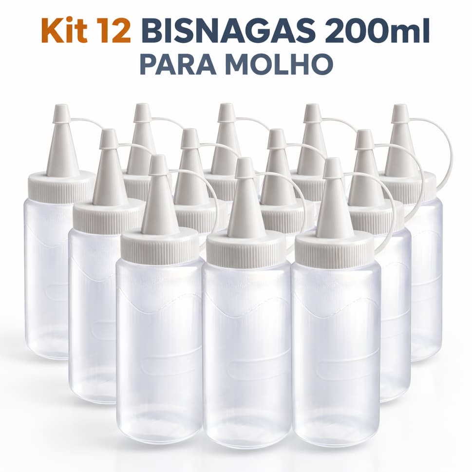 Kit 12 Bisnagas Plásticas 200ml Branca Molho Ketchup Maionese Mostarda Reutilizável ErcaPlast