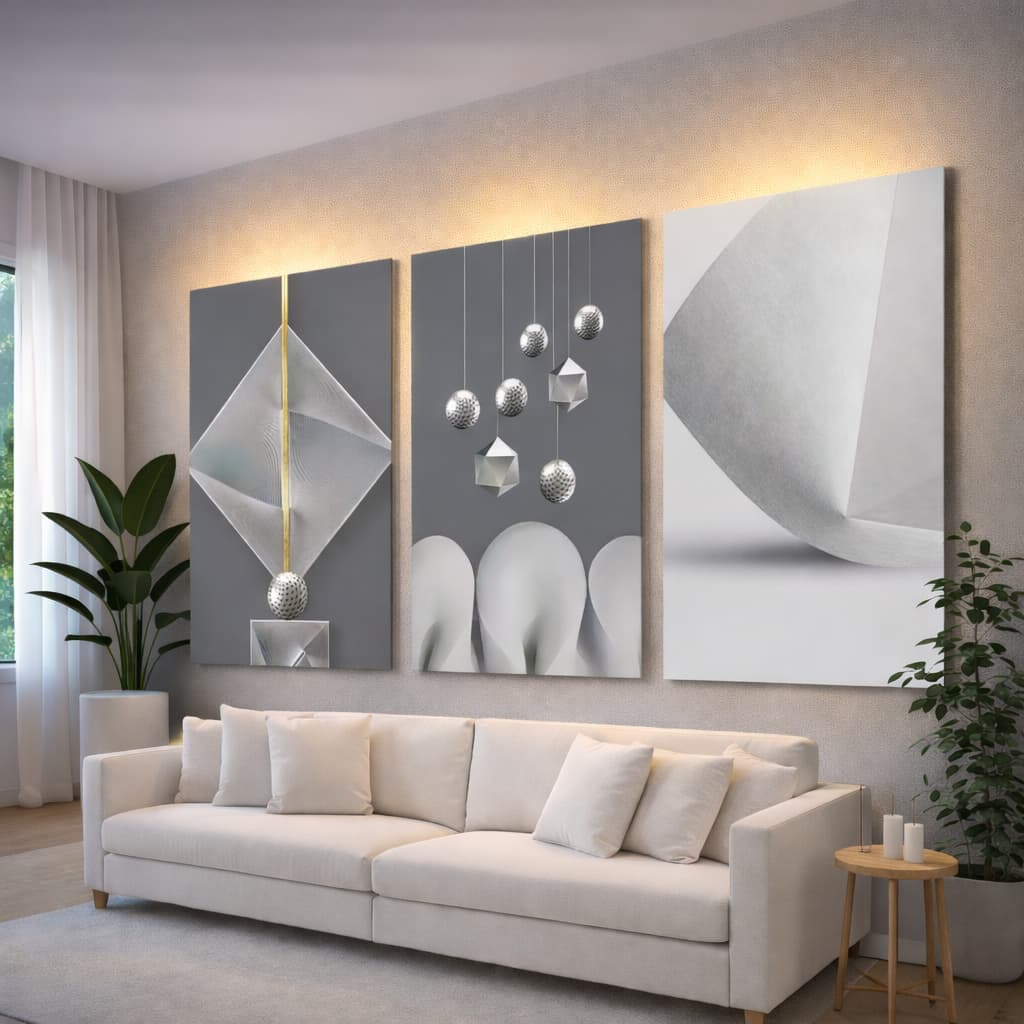 Quadros Decorativos Conceitual Arte Abstrata Cinza Moderno 3 Peças Para Quarto Sala Grande