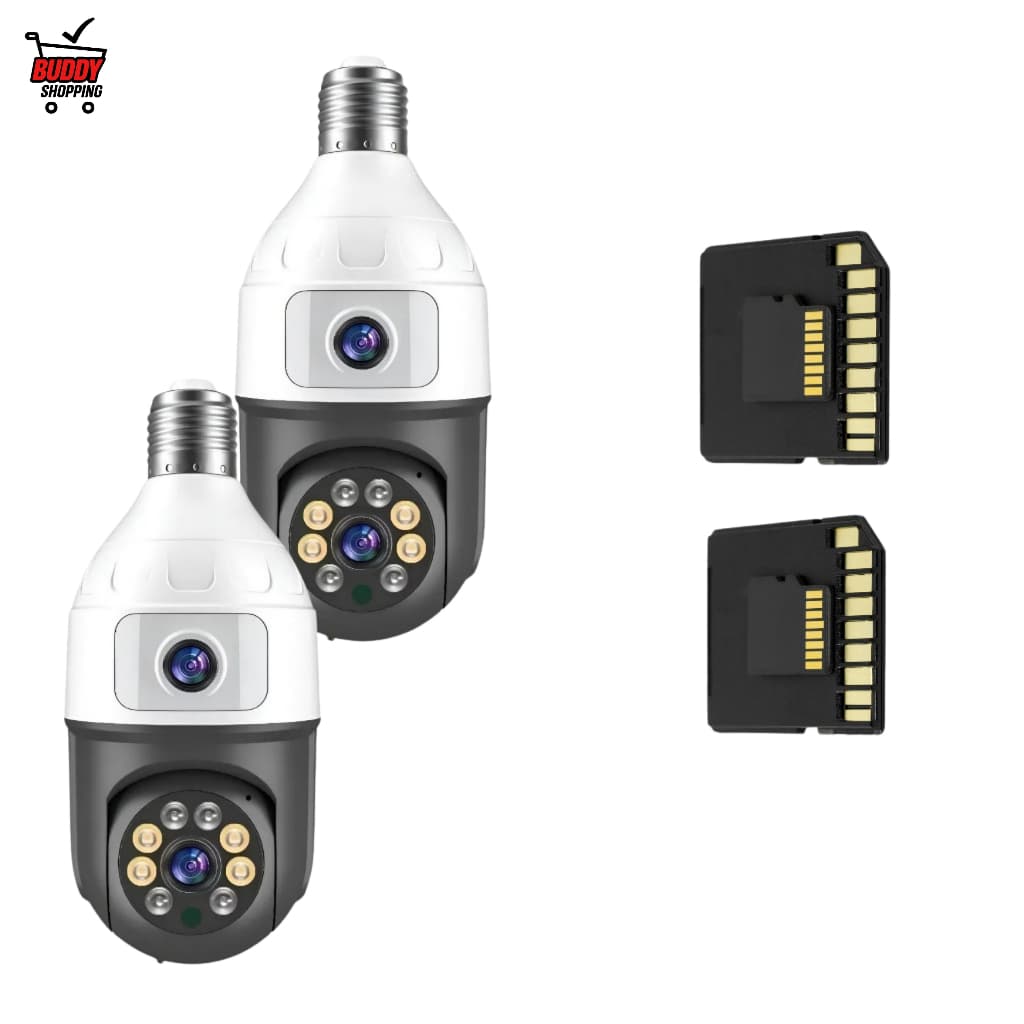 Kit 2 Câmeras Lâmpada Wifi Dupla Lente 360 Segurança + 2 Cartões SD 16GB