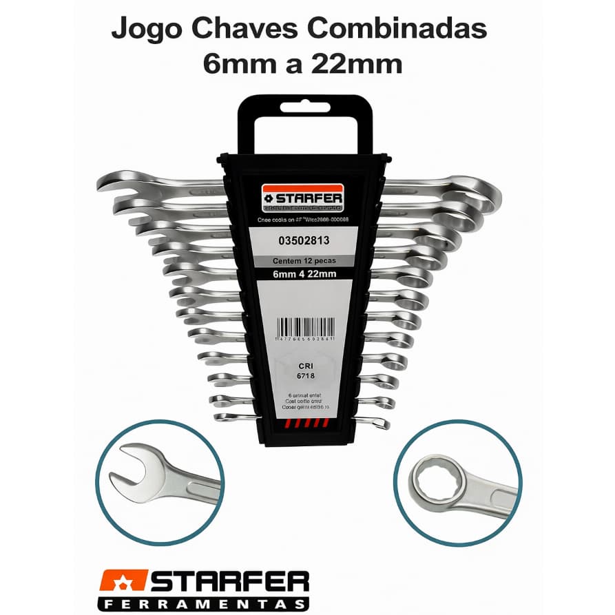 Jogo De Chave Combinada 6 a 22mm 12pçs Starfer Aço Cromado Resistente