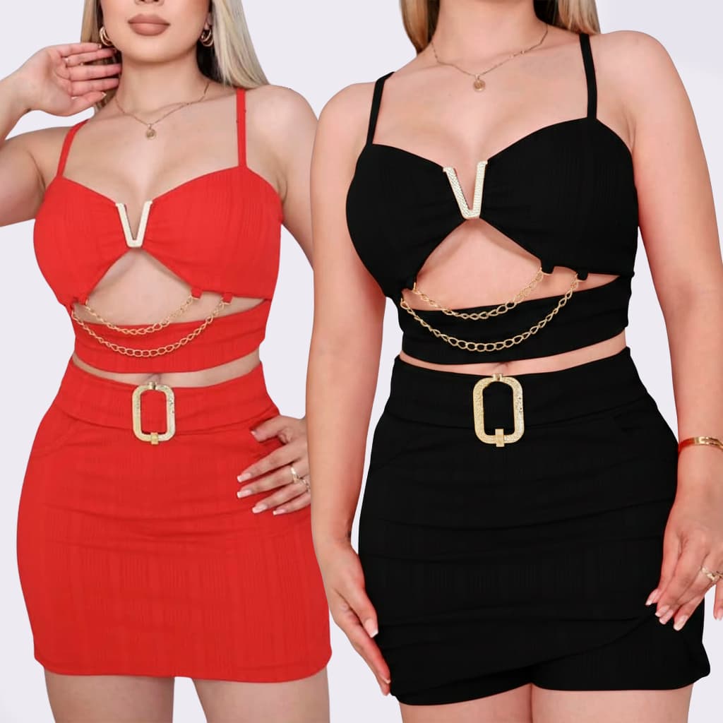 Conjunto Cropped Top + mini saia shorts baladinha bloguerinha básico Preto Vermelho Branco