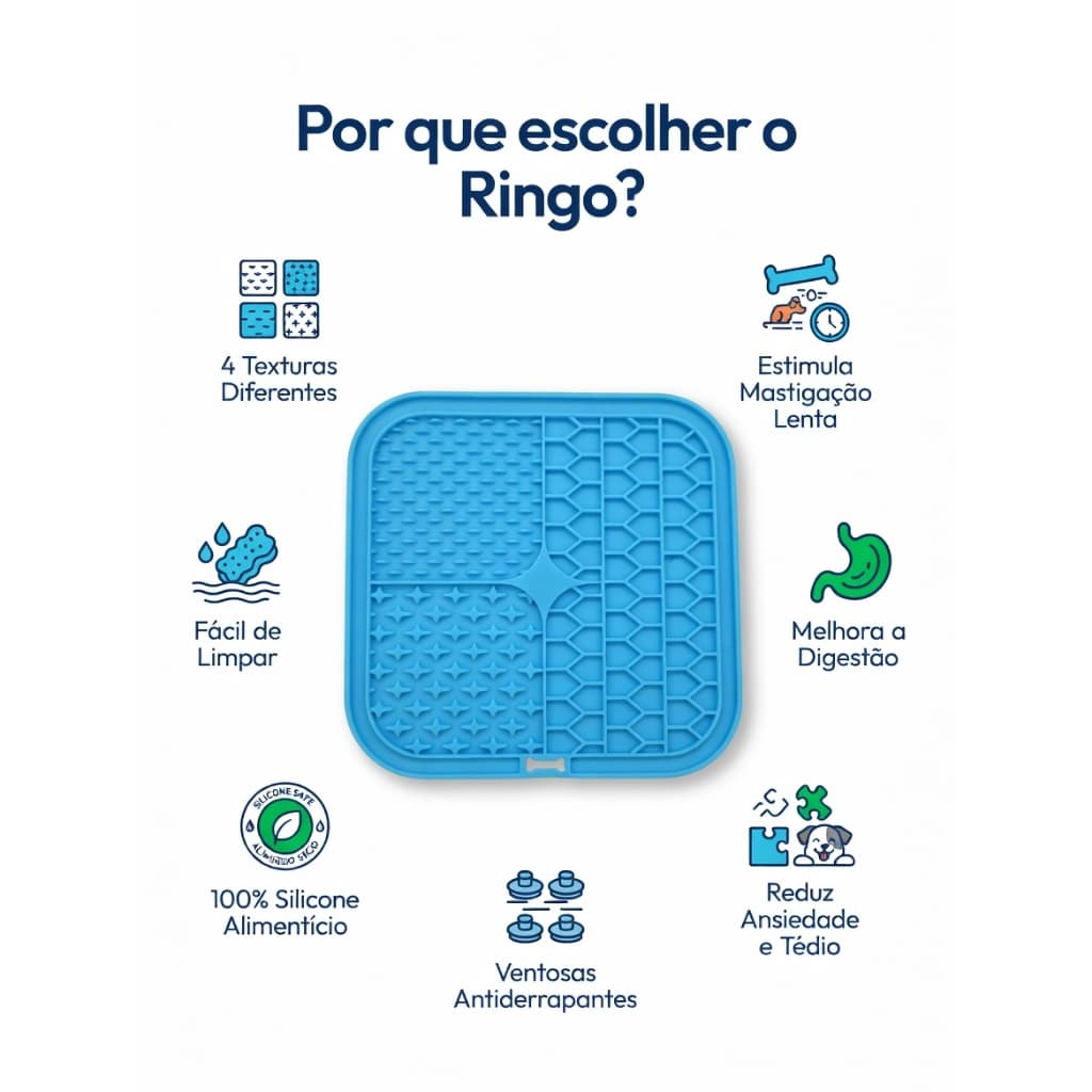 Tapete de Lamber Ringo p/ Pets Cães e Gatos Comedouro Lento de Silicone Ventosa Anti Stress Comida Úmida