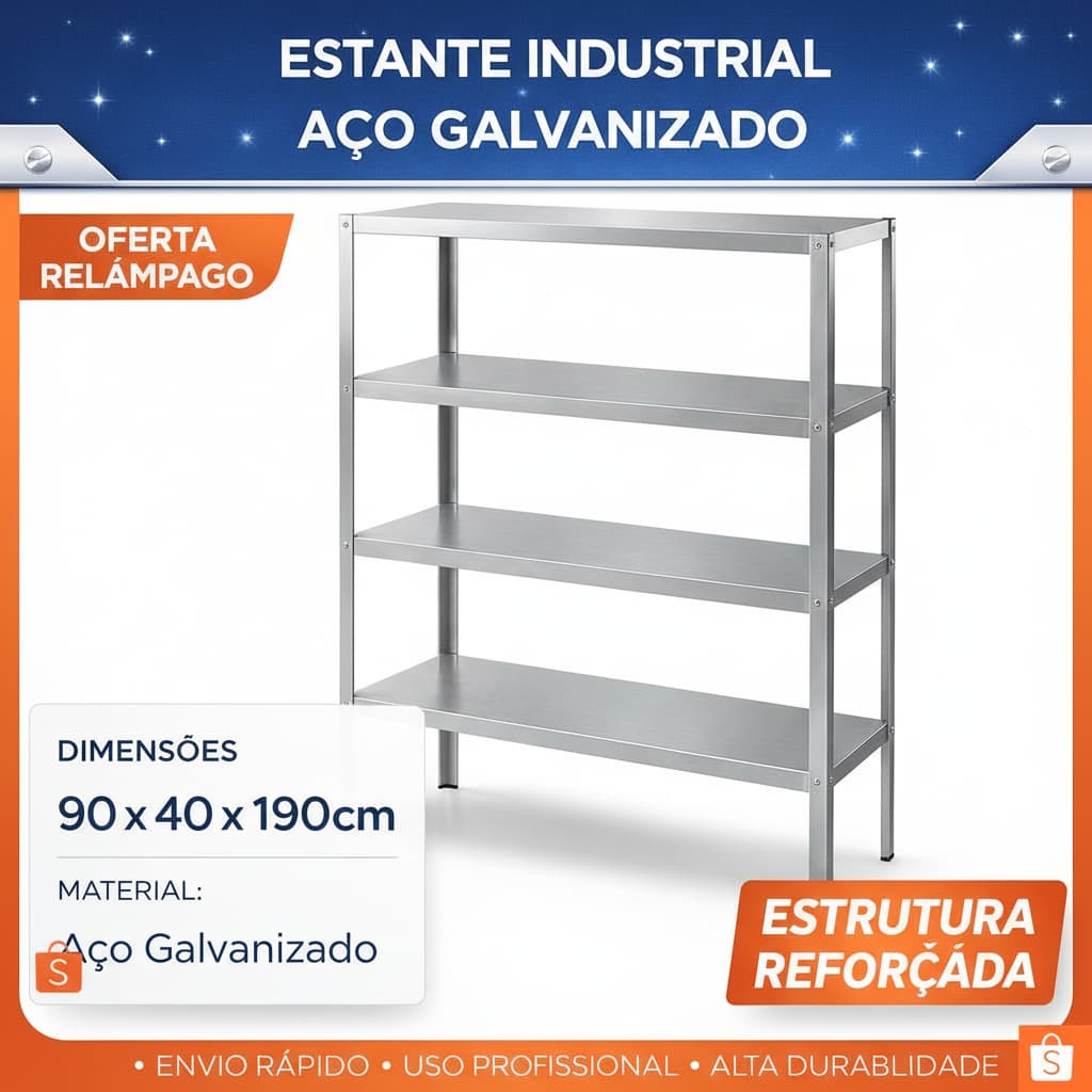 Estante Aço Galvanizado Reforçada 4 Prateleiras 90x40x190cm Industrial Multiuso