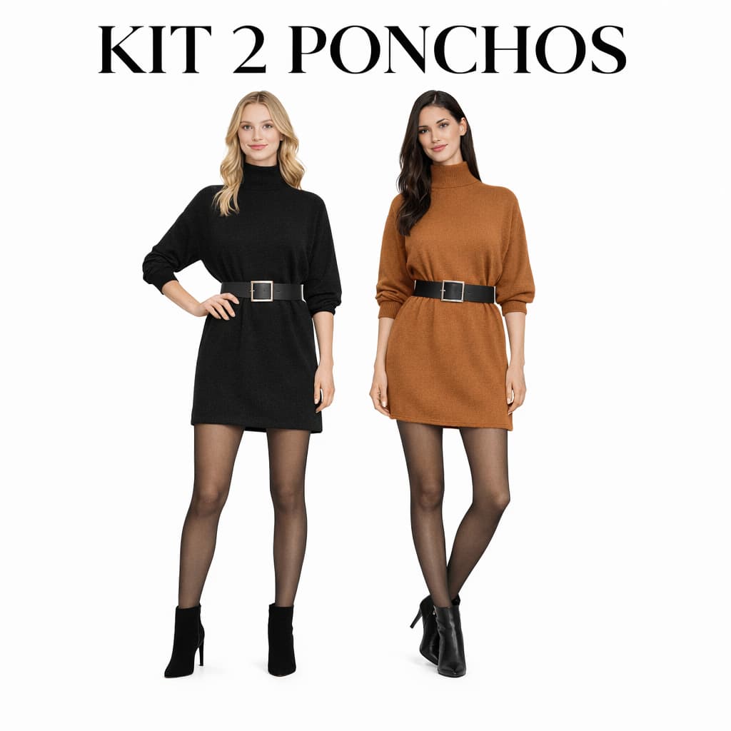 Kit 2 Vestido  Poncho Feminino Lanzinha Gola Alta Manga Longa Inverno  Blusão Cacharrel Moda