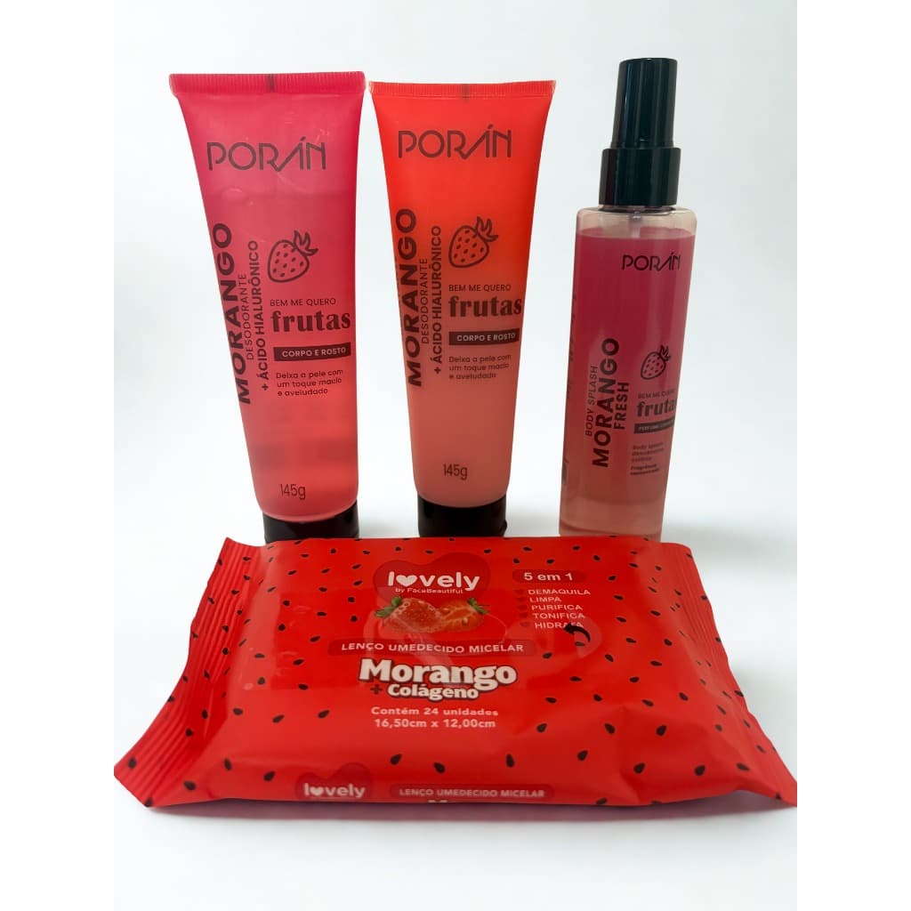 Kit cuidados rosto e pele Porán Morango 4 itens Body splash sabonete líquido hidratante lenço demaquilante