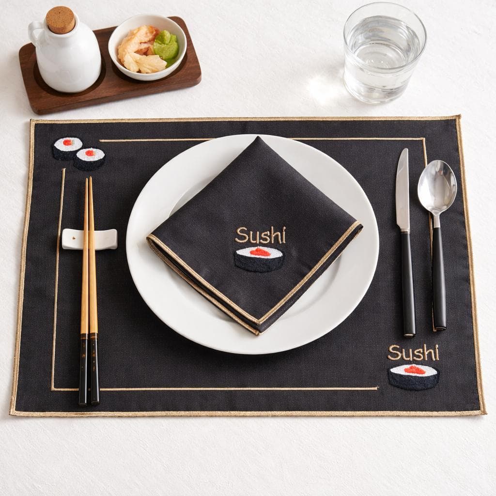 8 Pçs (4 Jogos) Jogo Americano Bordado Sushi Com Guardanapo