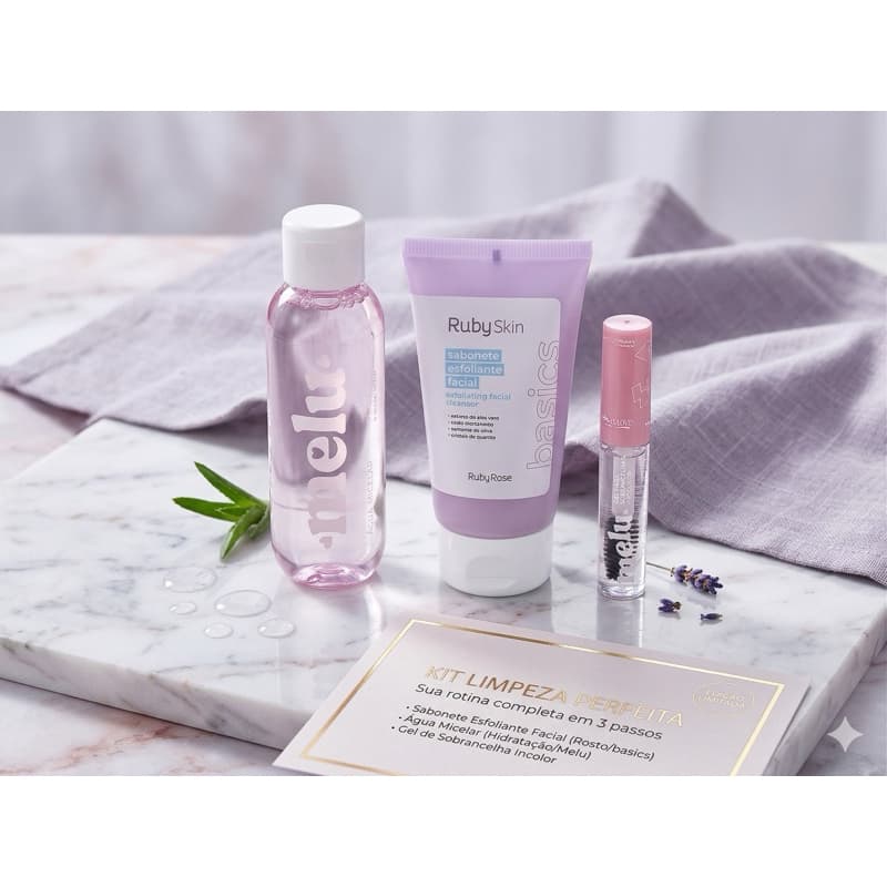 Kit Skincare Limpeza Profunda: Água Micelar + Sabonete Esfoliante Ruby Rose + Gel Melu.