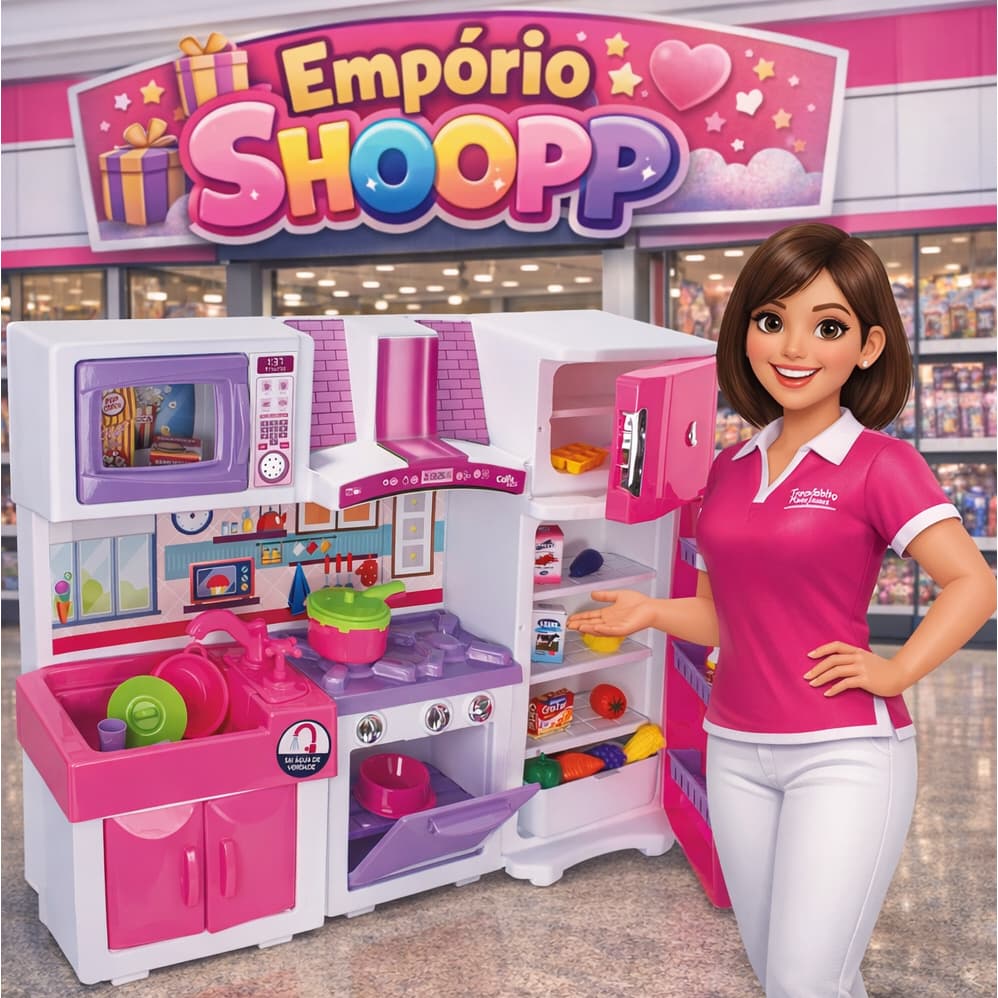 Conjunto de cozinha rosa, que as crianças adoram — fogão, geladeira, pia, micro-ondas e armário