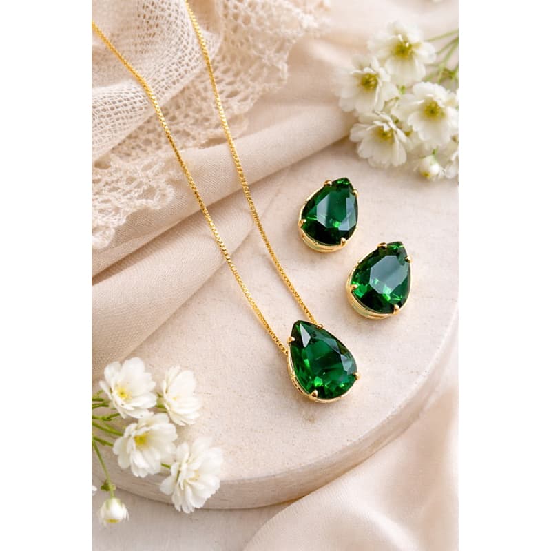 Conjunto Colar + Brincos Gota Verde Esmeralda Folheado a Ouro – Elegância de Luxo
