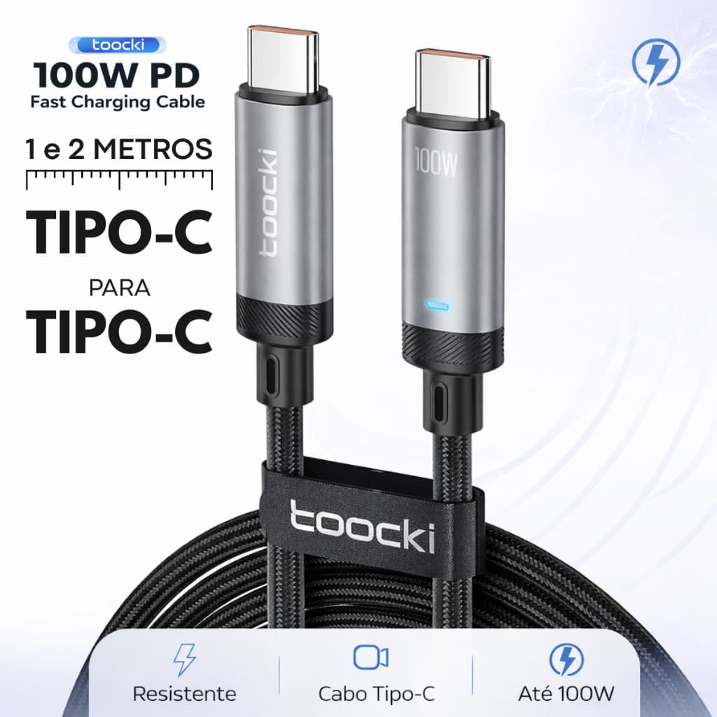 Cabo Toocki Tipo C 100W PD Turbo Carregamento Rápido USB-C Nylon Reforçado 1m 2m Cabo Original