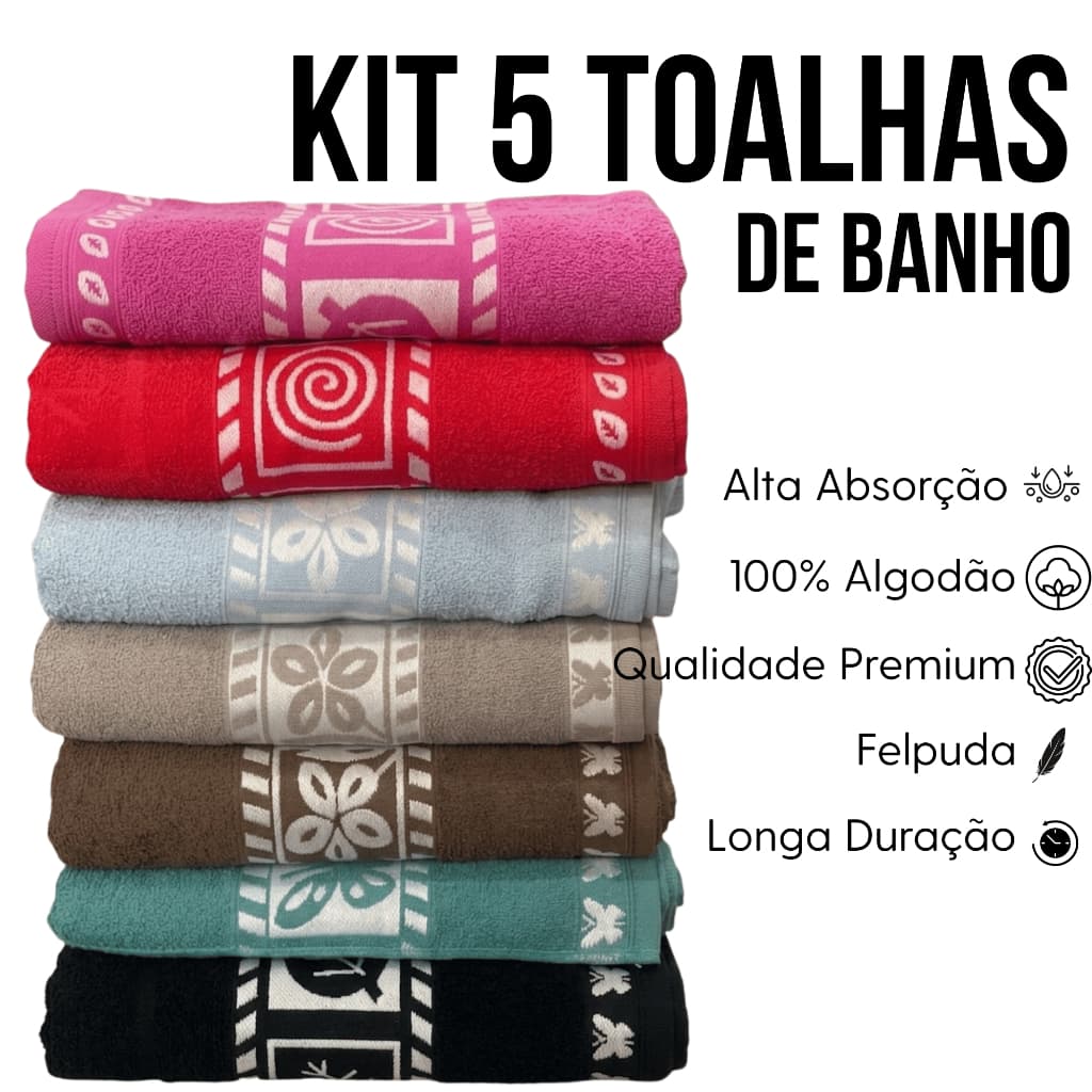 KIT 5 TOALHA DE BANHO FELPUDA BANHÃO 100% ALGODÃO