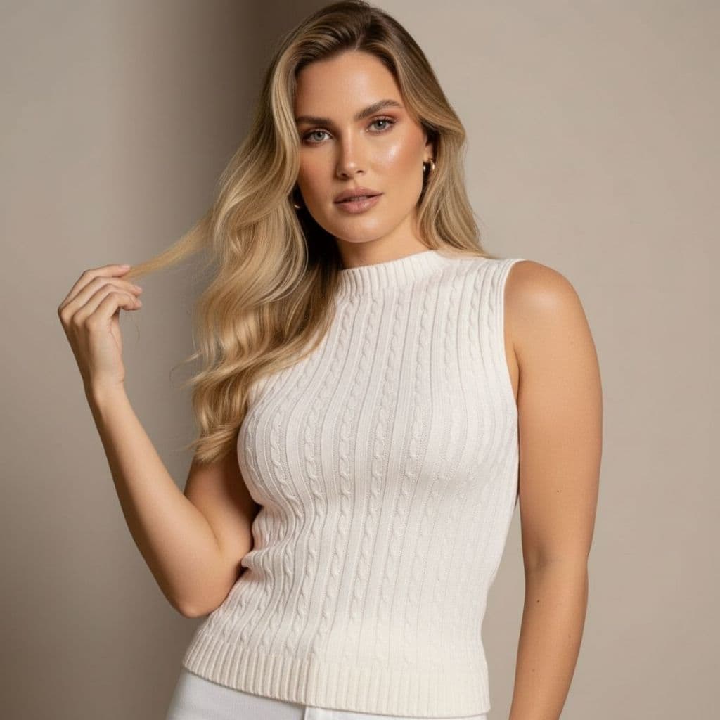 Regata Feminina Tricô Modal Gola Alta Blusa Trançada Canelada Básica Elegante Premium Casual