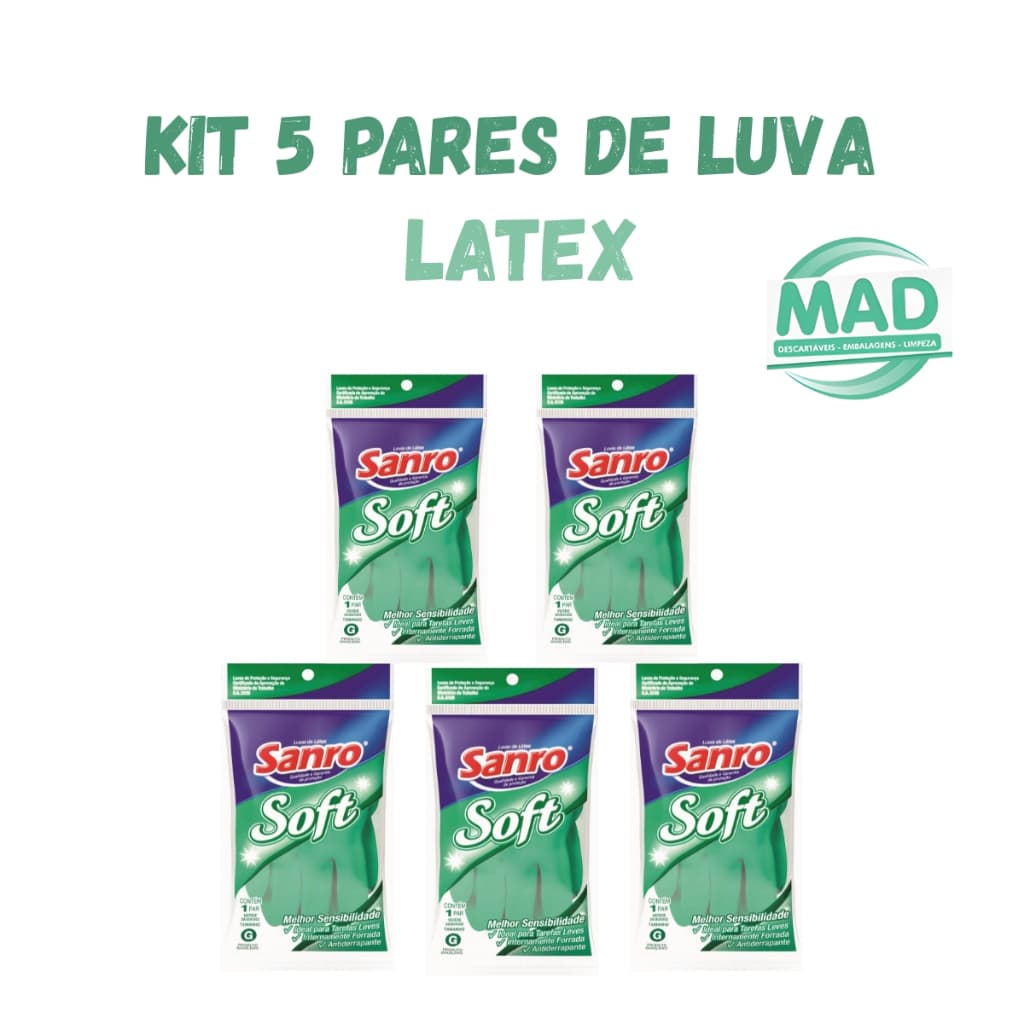 Kit 5 pares de Luva Limpeza Latex Verde Sanro Soft Borracha Forrada