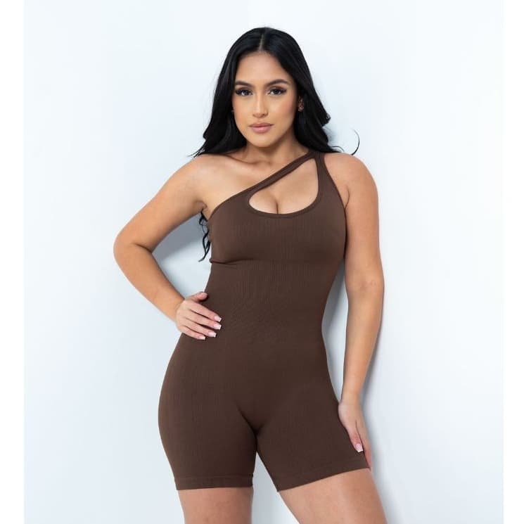 Macaquinho Fitness Feminino Canelado Modelador Com Bojo Removível Um Ombro Recorte Lateral Academia Curto Blogueira