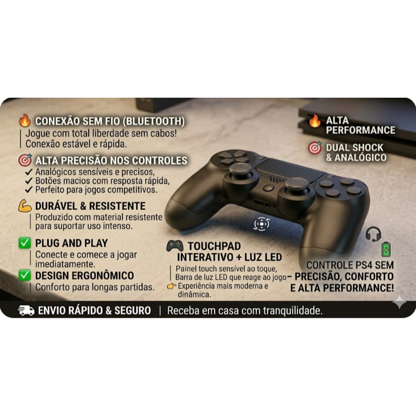 CONTROLE/MANETE PARA PS4 SEM FIO – PRECISÃO, CONFORTO E ALTA PERFORMANCE!