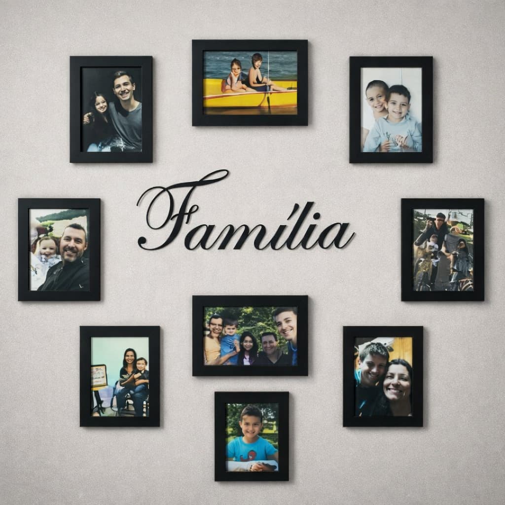 Kit Porta-Retrato Família 9 Fotos + Letreiro - Decoração Sala Quarto - Presente Família - MDF Premium