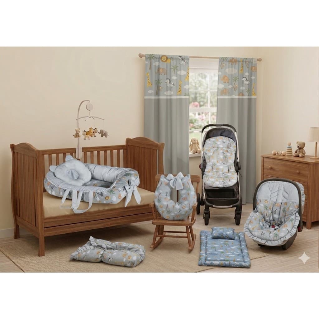 Quarto Completo Safari – KIT Enxoval COMPLETO com Ninho, Almofada, Colchonete e Acessórios
