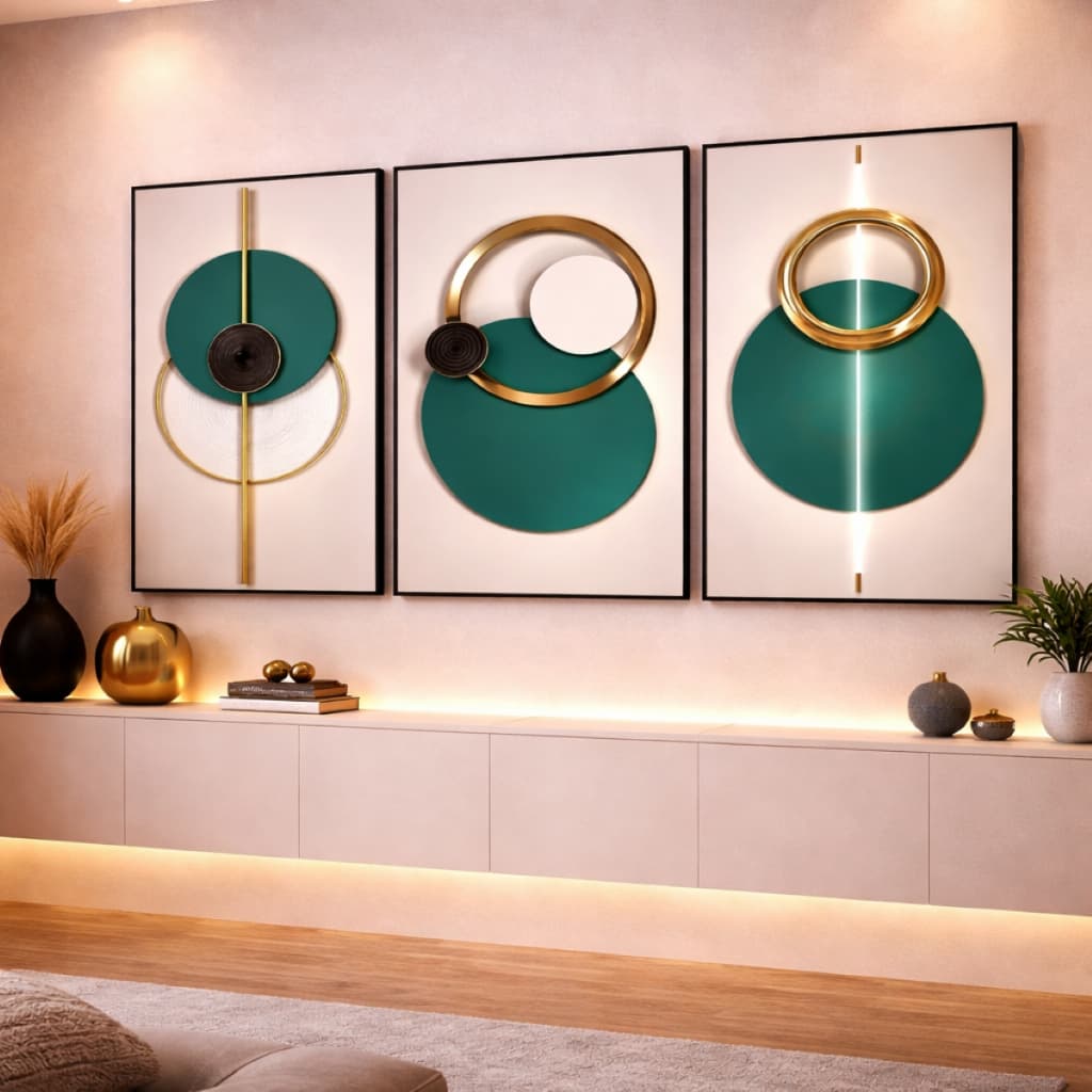 Quadro Decorativo Abstrato Luxo Geométrico Círculos Verde Dourado Sala 3 Peças HD