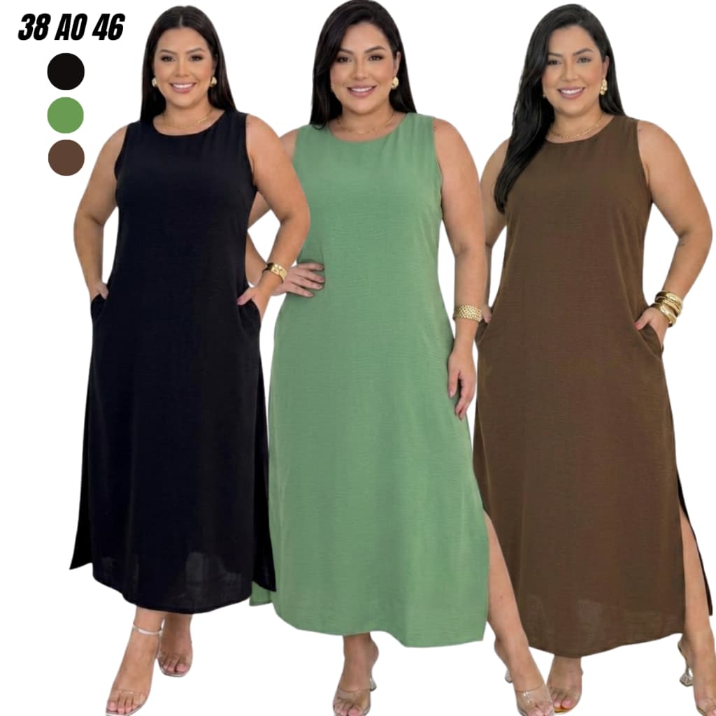 Vestido Longuete Fenda Gola Redonda Moda Cristã Regata Elegante Casual Tendência Lançamento 2026