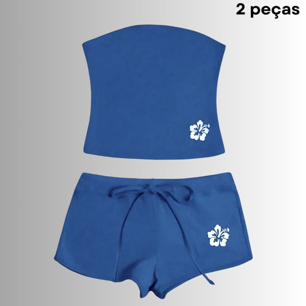 Conjunto Feminino Top Tomara que Caia + Short Curto Moda Verão Confortável Academia Fitness Casual Azul