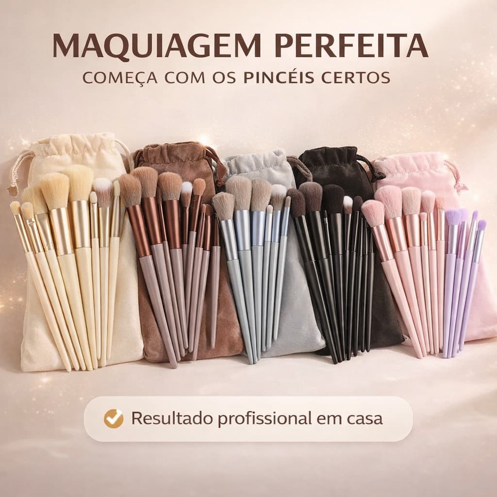 Kit Pincéis de Maquiagem 13 Peças Profissional com Estojo Veludo Completo Rosto e Olhos