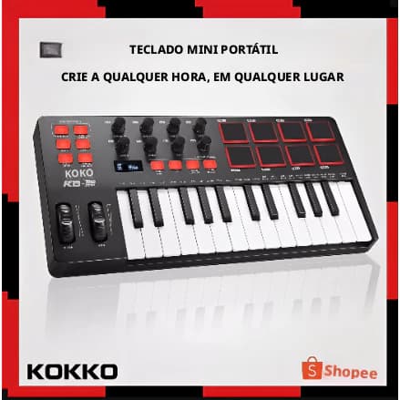 Kokko Teclado controlador de MIDI Beat Maker Machine 25 teclas Teclado de MIDI para arranjos Strike Pad USB MIDI Botões
