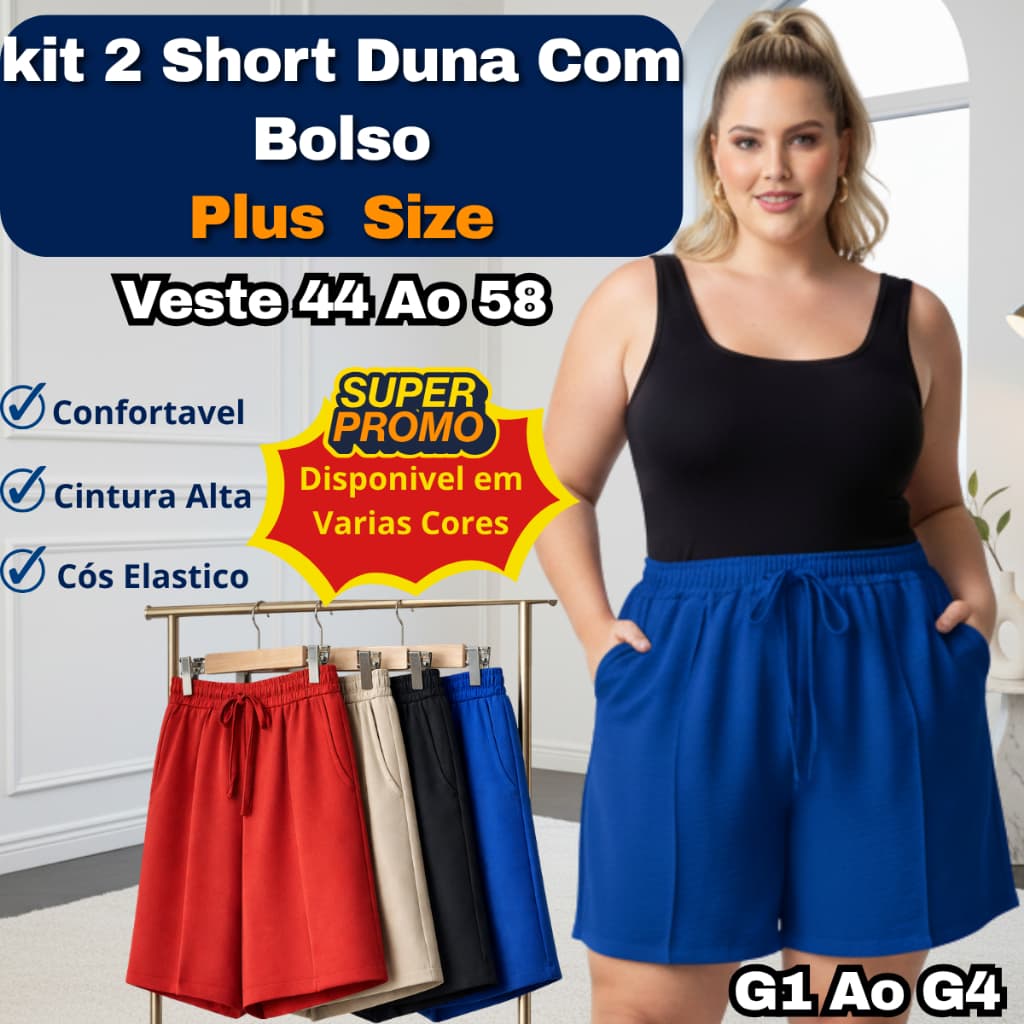 kit de 2 Short Feminino Duna Soltinho Dia a Dia Plus Size Verão Cós Alto Elástico Bolso G1,G2,G3,G4