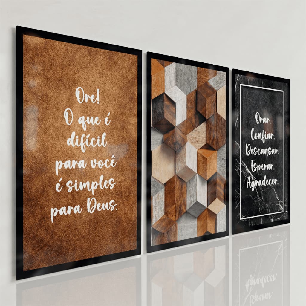Quadros Decorativos Religioso Frases Fé Madeira Mármore Preto Geométrico Elegante Sala