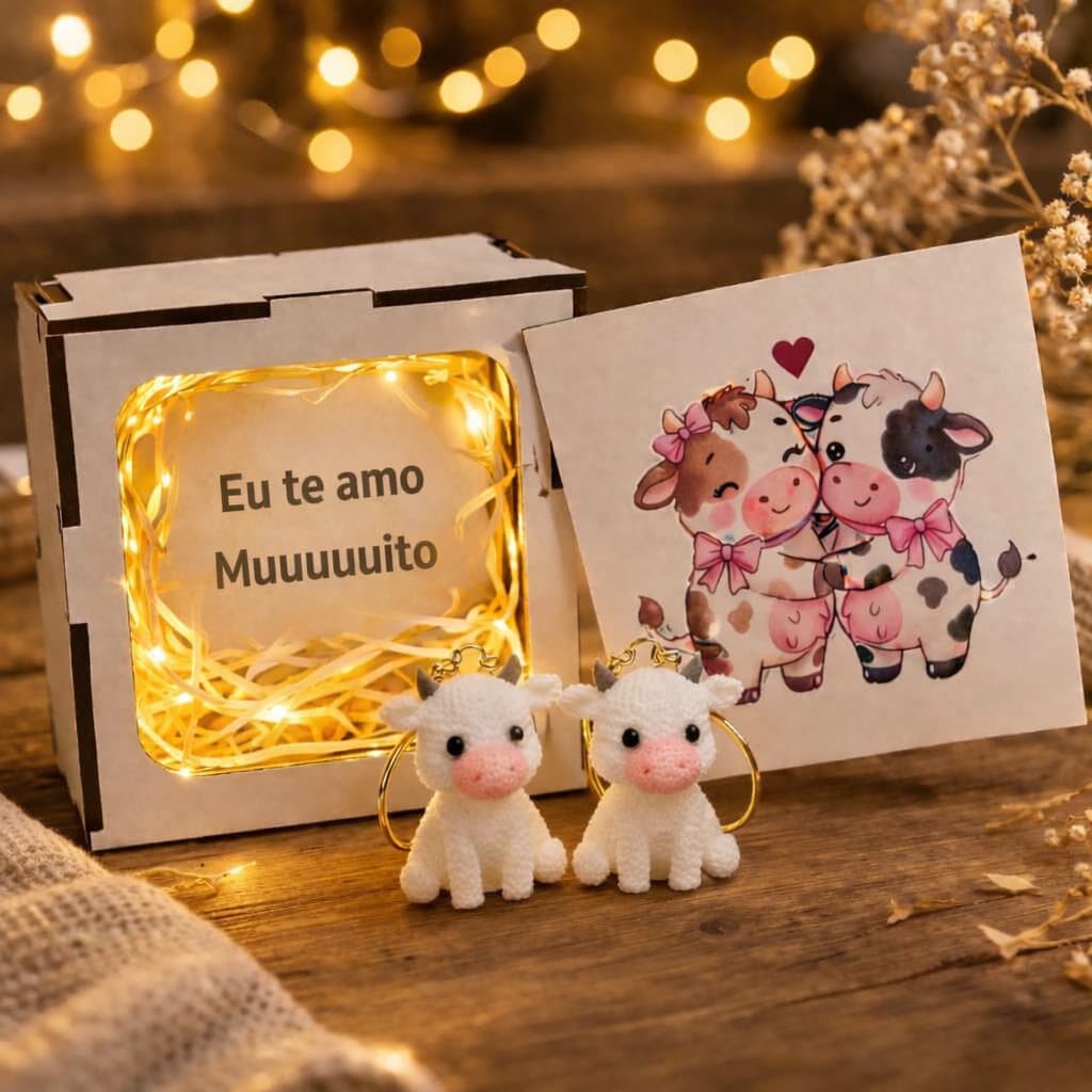 Presente Criativo Namorados Kit Vaquinha Romântica com Caixa MDF e 2 Chaveiros