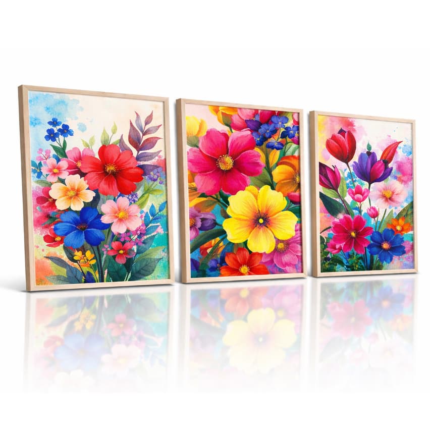 Jogo 3 Quadros Sala de Estar Jantar Quarto Casal Flores Coloridas Aquarela Moderna Placas Decorativas Grande Envio Rápid
