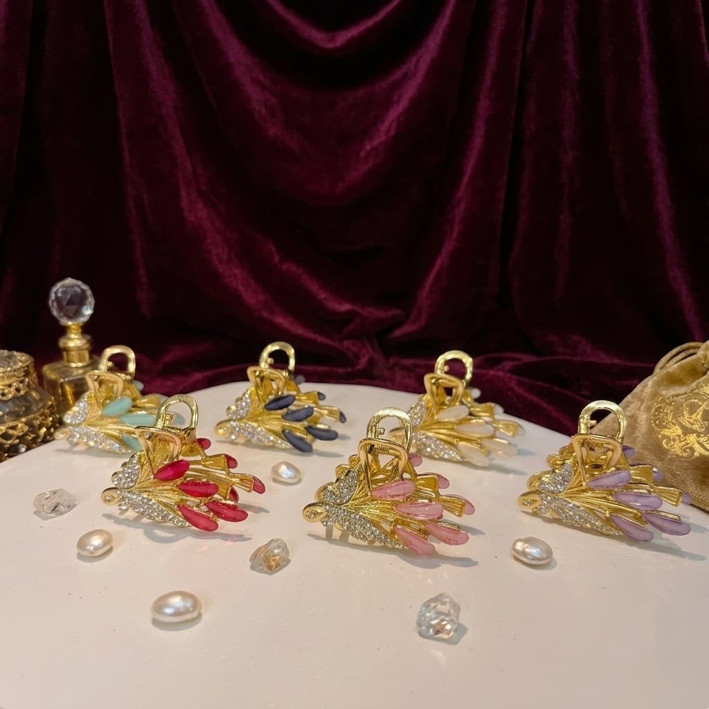 Piranha de cabelo Dourado de luxo de metal em forma de flor com diamantes strass