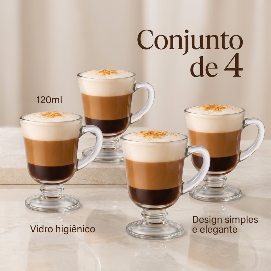 Jogo 4 Canecas de Vidro 120ml para Cappuccino Café Chocolate Quente Transparente