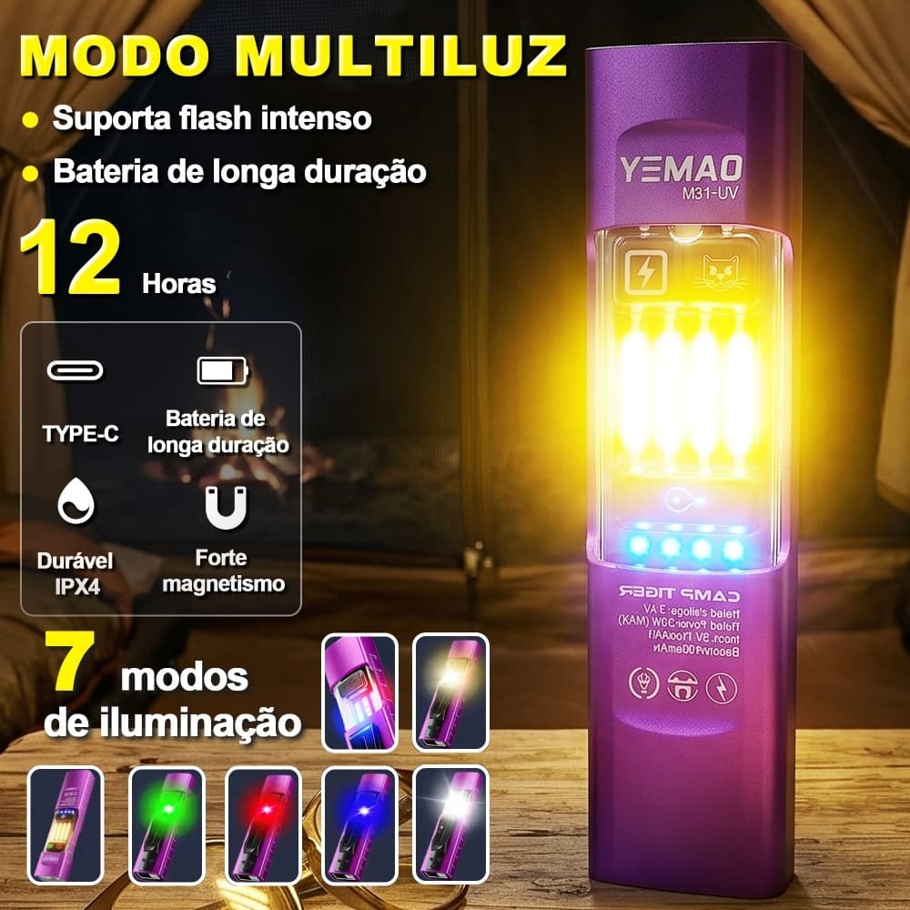 Lanterna EDC Potente Recarregável, LED UV, Laser, Multilâmpada, USB Tipo-C, Camping, Pesca, Emergência, Impermeável