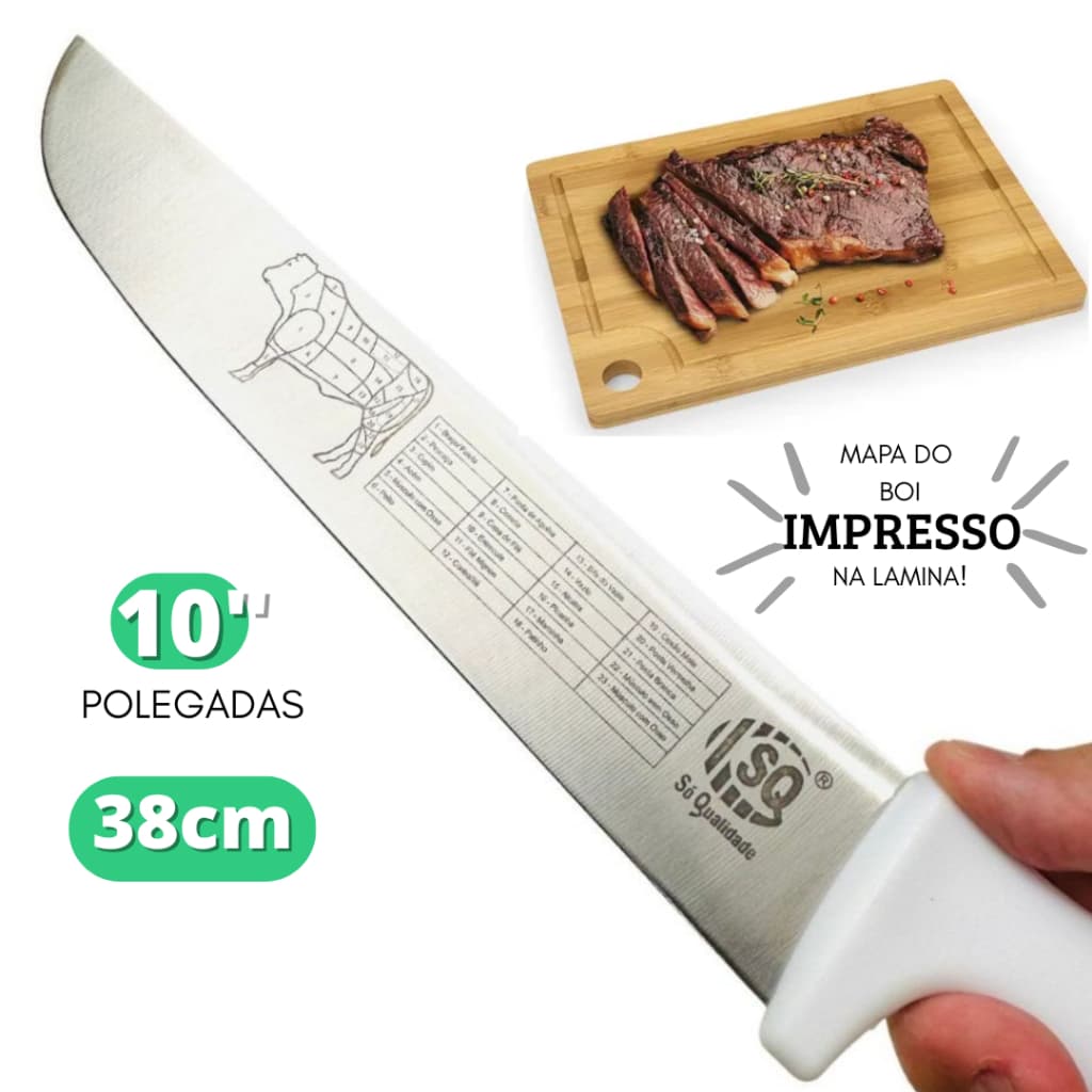 Faca Inox 304 38cm Chef Profissional Corte Preciso Legumes Carne Churrasco 10' Polegadas Boi