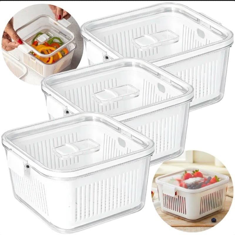 3 Potes slim hermético cesto drenagem multiuso 1,360ml frutas/legumes