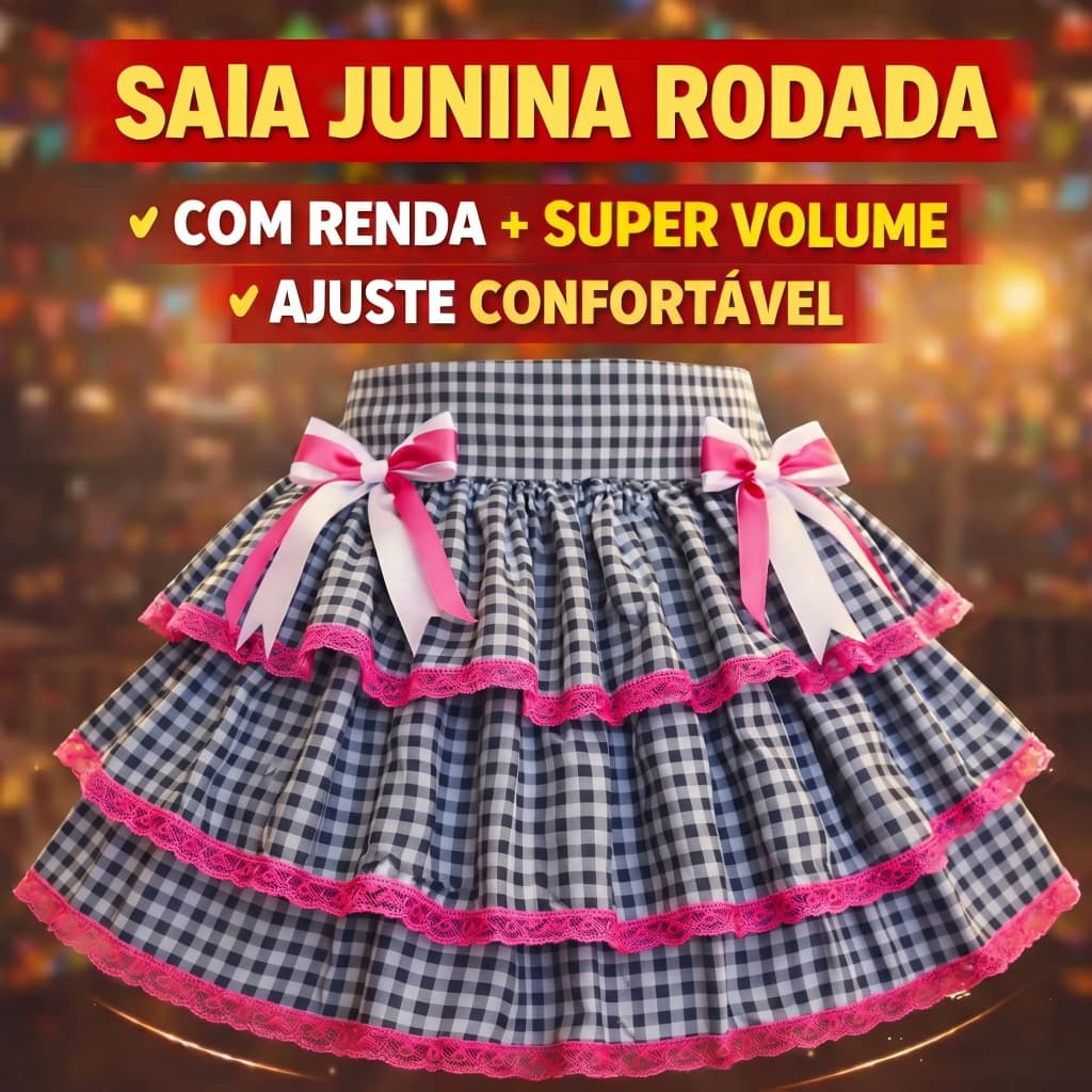 Saia Caipira Adulto Preta Rodada Com Renda Luxo Festa Junina Menina Confortável Ajuste  Elástico