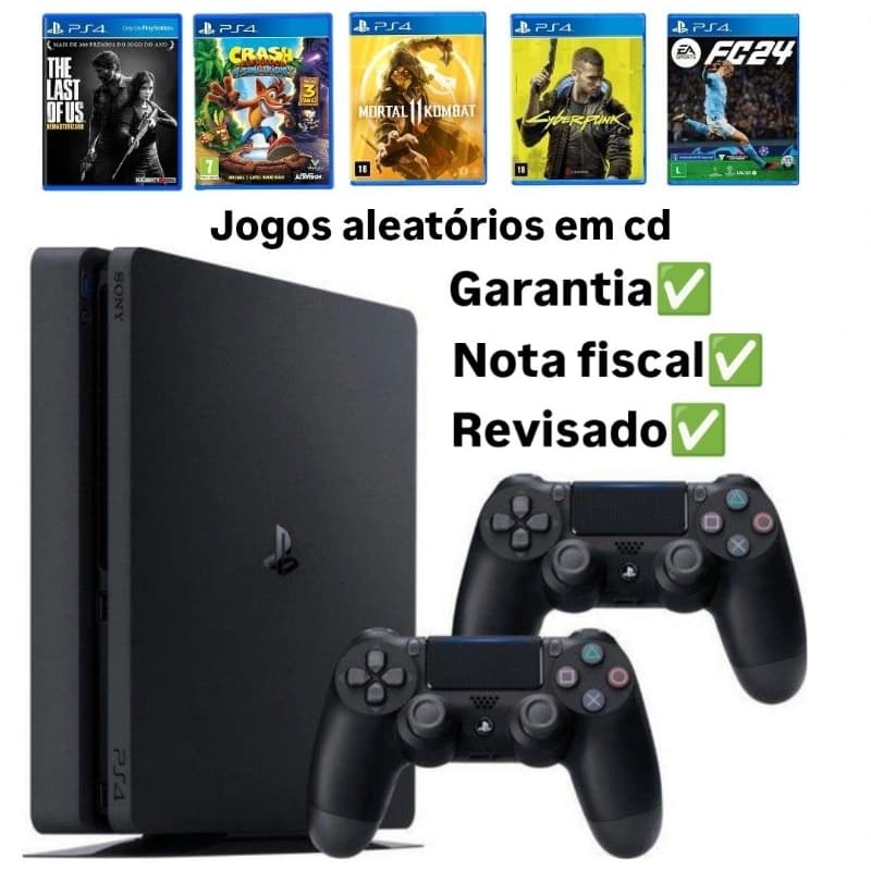 PS4 Slim 500GB/1TB + 1 ou 2 Controles e 1 a 5 Jogos aleatórios CD