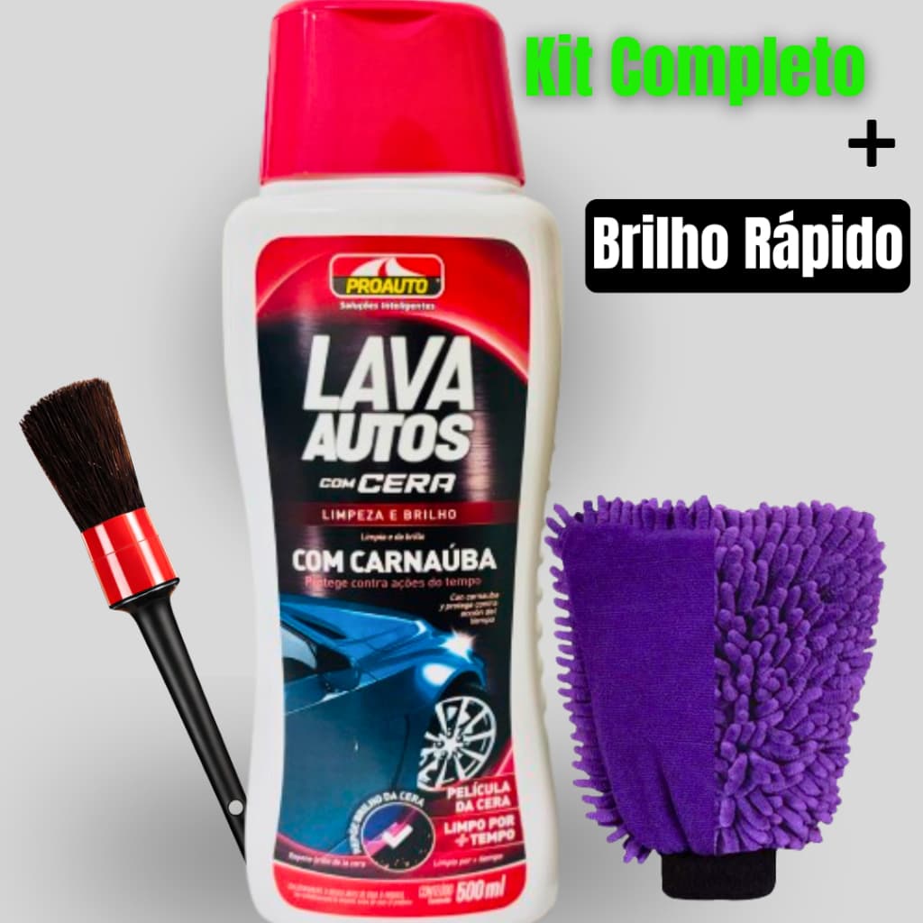 Kit C/Lava Autos Concentrado C/Cera Carnaúba 500ml Efeito Espelhado Em Minutos Acompanha Luva Microfibra