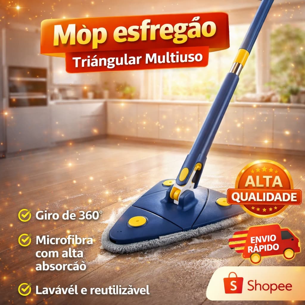 Mop esfregão Limpeza Cantos Vidros e Teto Lavável Giratório 360° Triângular Multiuso
