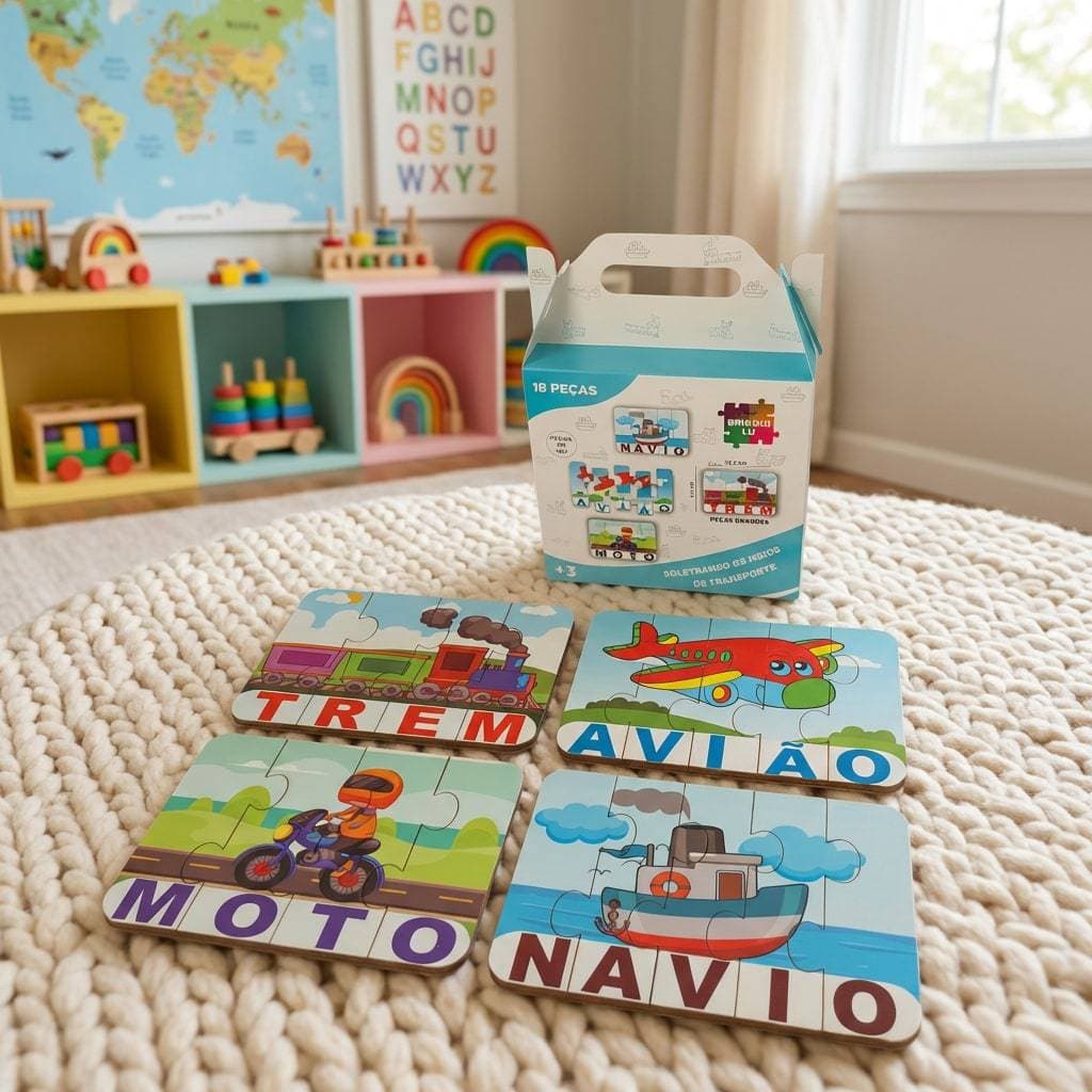 Kit de Jogo Pedagógico Educativo Soletrar Meios De Transportes em MDF