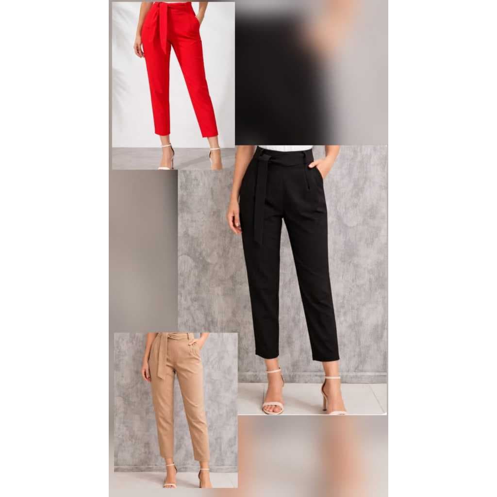 Kit 3 Calças Feminina em Tecido Plano Alfaiataria Cintura Alta Faixa  Elegante Confortável  Marca (Preta Bege e Vermelha
